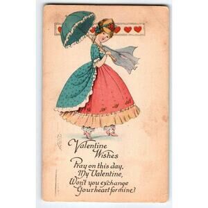 Valentine Postcard Women In Old Fashioned Dress Umbrella Vintage 1926 Ser 1171
